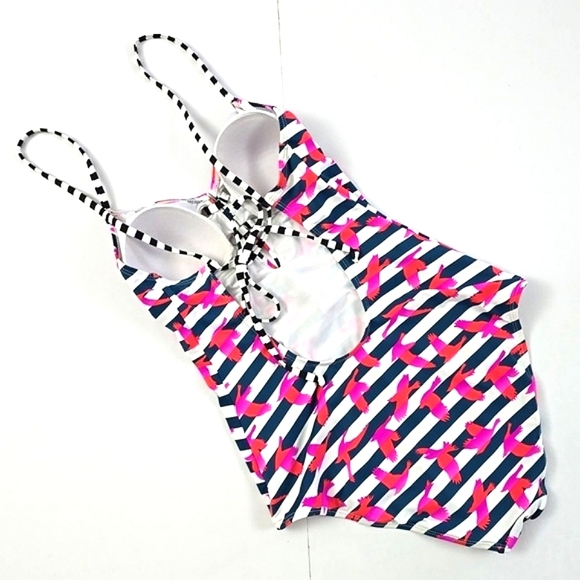 Design Lab Women's One Piece Swimsuit Stripes Bird Print Navy Pink Purple Size M - Picture 2 of 16